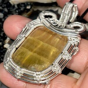Translucent Yellow Fluorite in Copper Wire Wrapped Pendant 2 1/4”